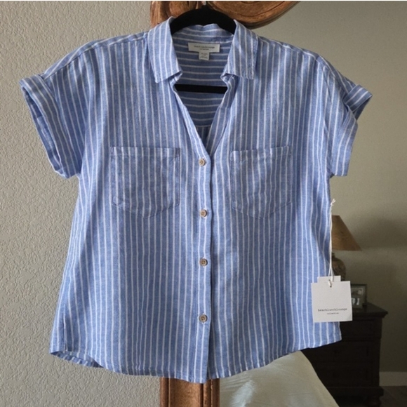 beachlunchlounge NWT Blue & White Striped Short-Sleeve Button Down Shirt - Picture 3 of 8